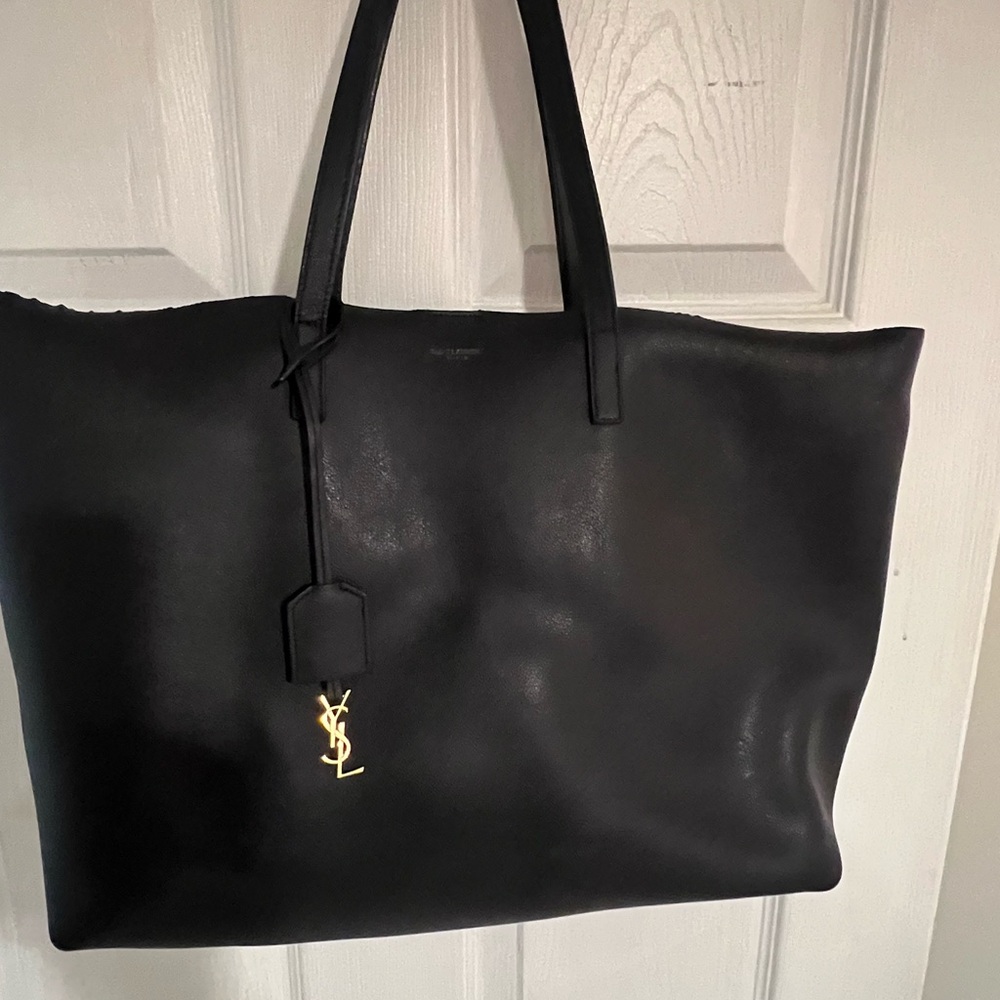 Yves Saint Laurent Blue Tote Bag with Structured Design and Gold Charm
